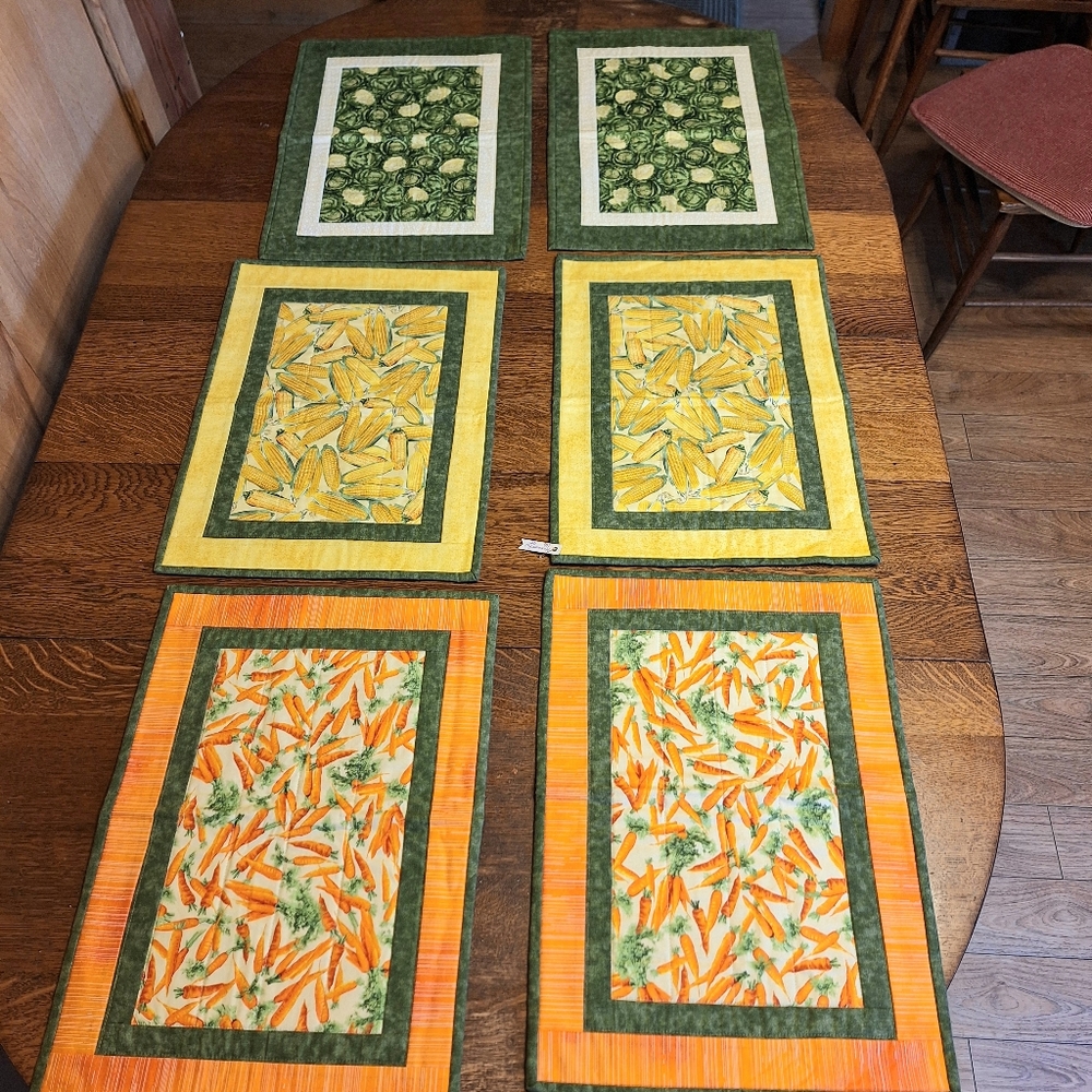 Handmade Quilted Placemats "Harvest/Fall" Carrots, Corn, & Brussel Sprouts, NWT